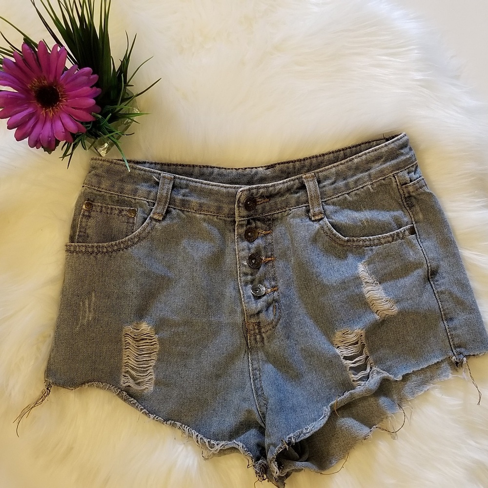 Jean Denim Button Distressed High Waist Rise Short